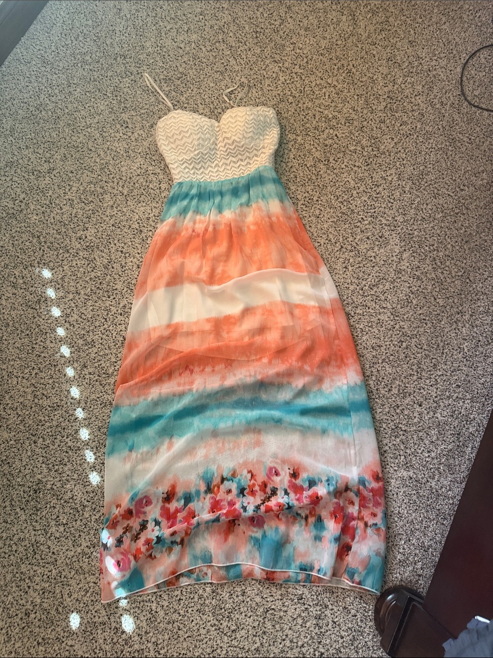 Strapless Summer Maxi Dress in Coral, Teal & White